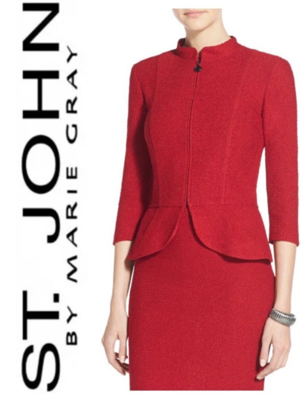 St John Knit Jacket Red Peplum Zip Textured Newport Blazer USA Size 10